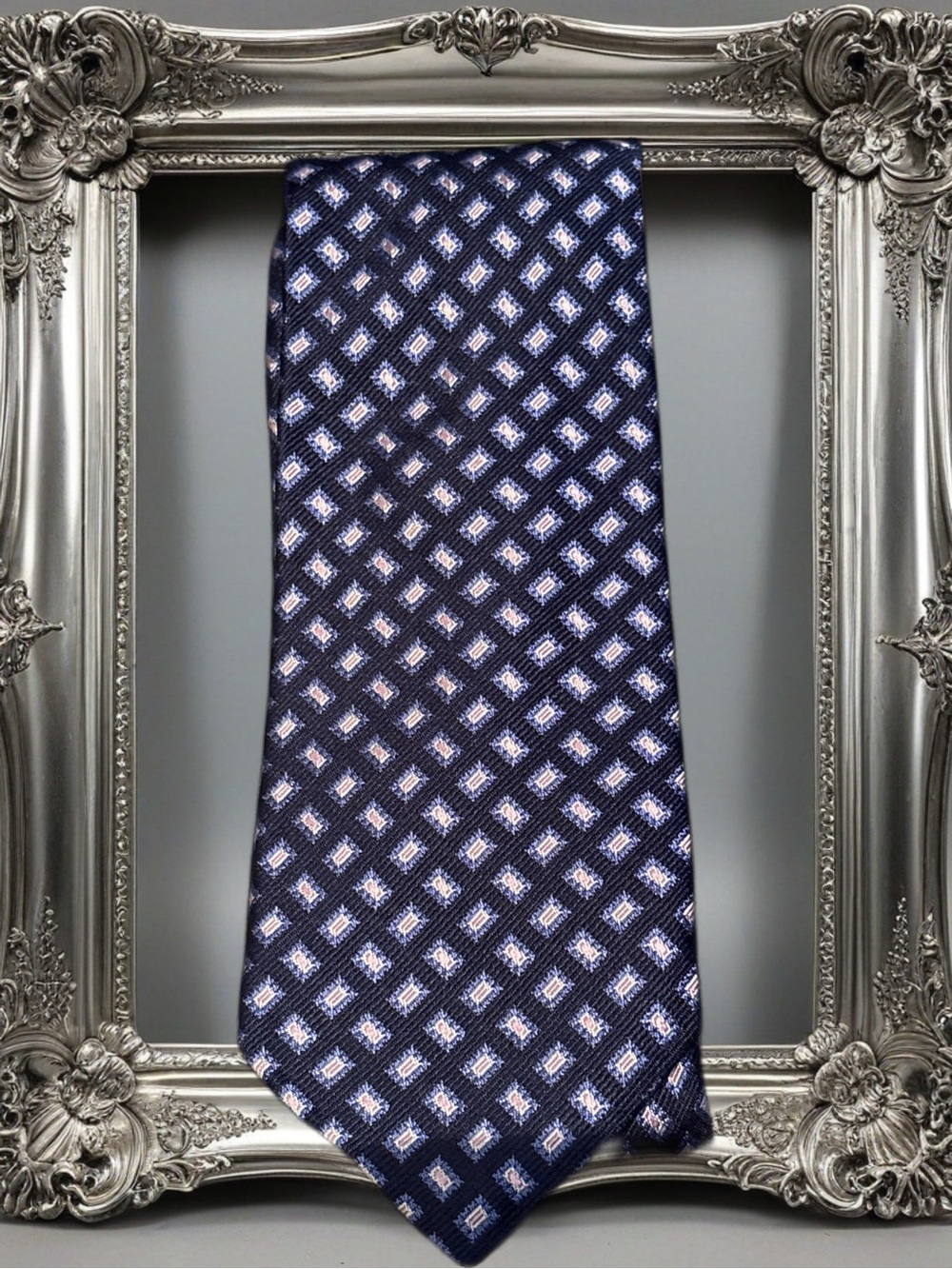 Dion Lee Navy Geometric Silk-Effect Tie with Light Blue Accents